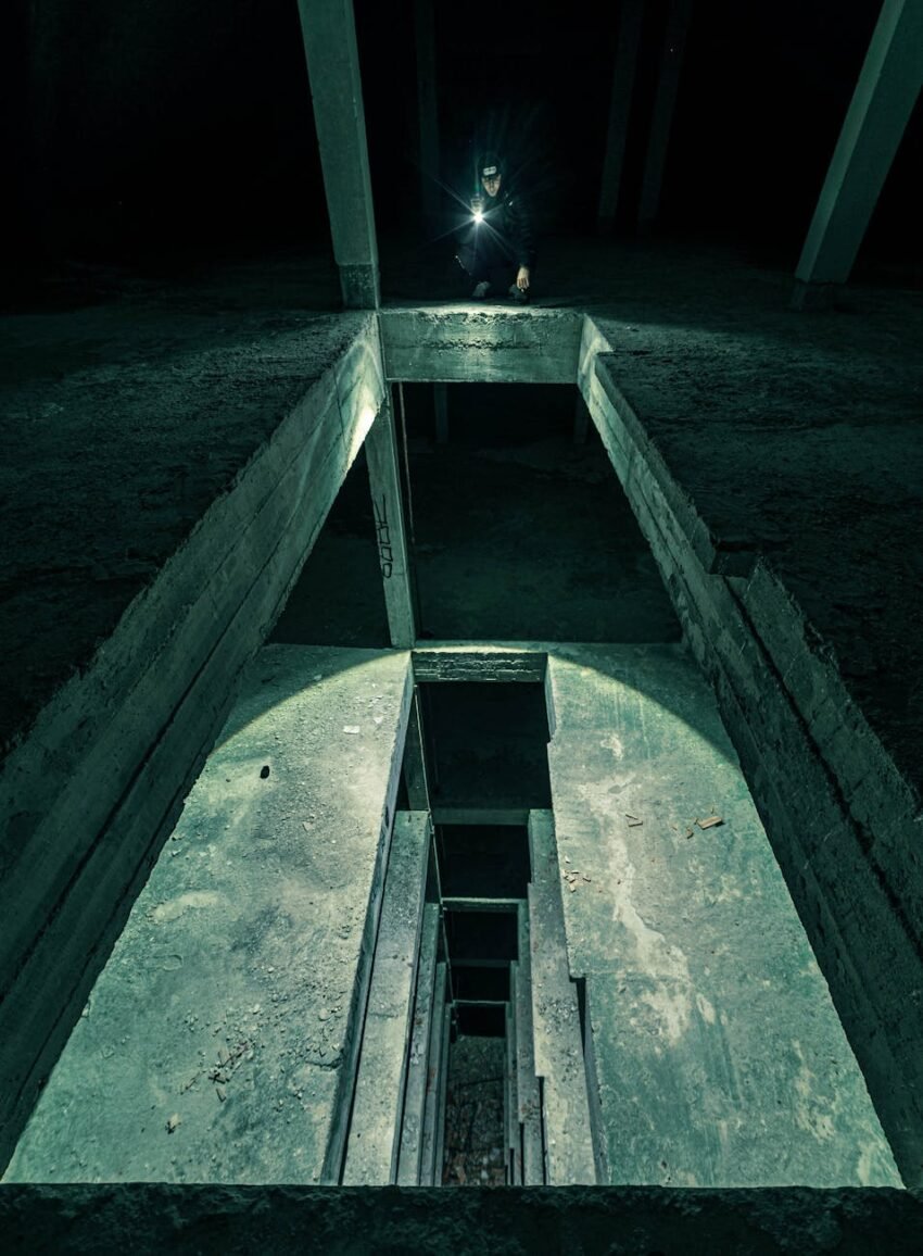 Man standing in a dark tunnel with a flashlight, paranormal investigation mood for a ghost detector app for iPhone guide